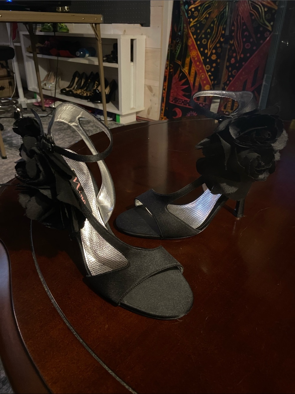 Nina black strappy flower high heel